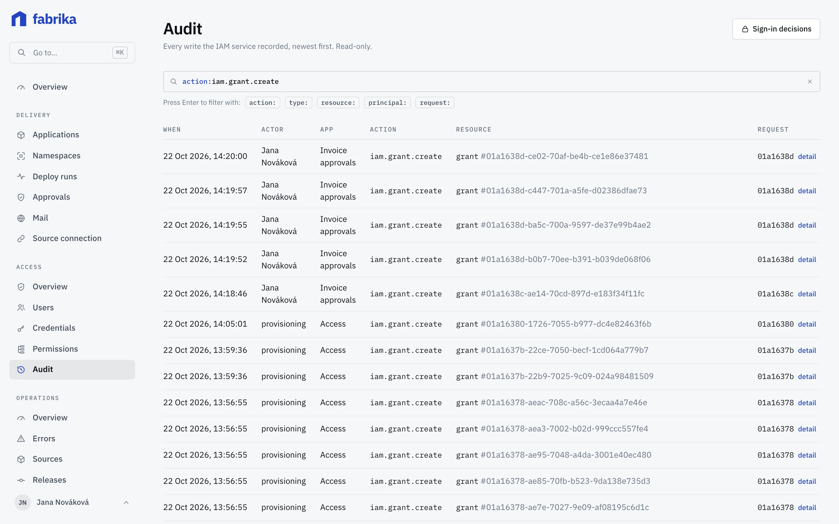 Audit log in the console listing grants, created keys and sign-in decisions