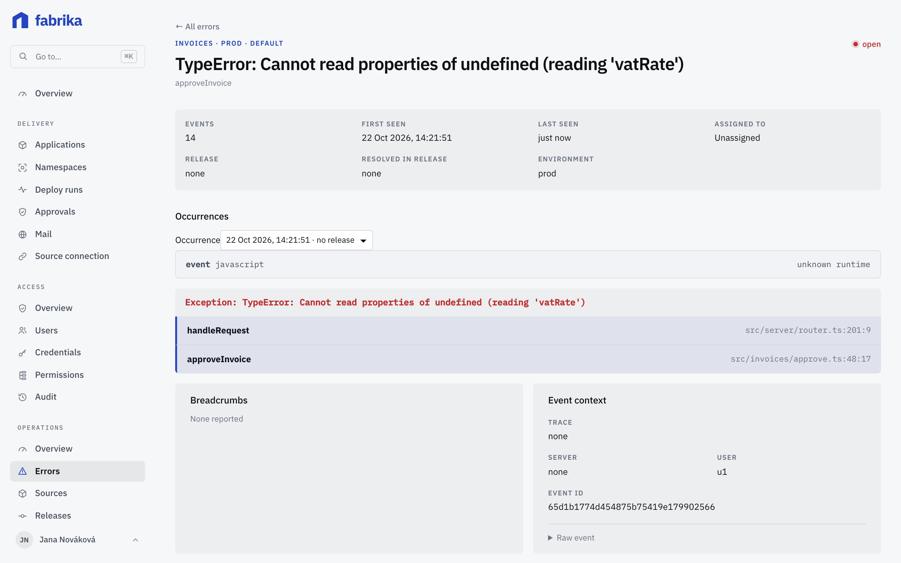 Error detail with a source-mapped stack trace