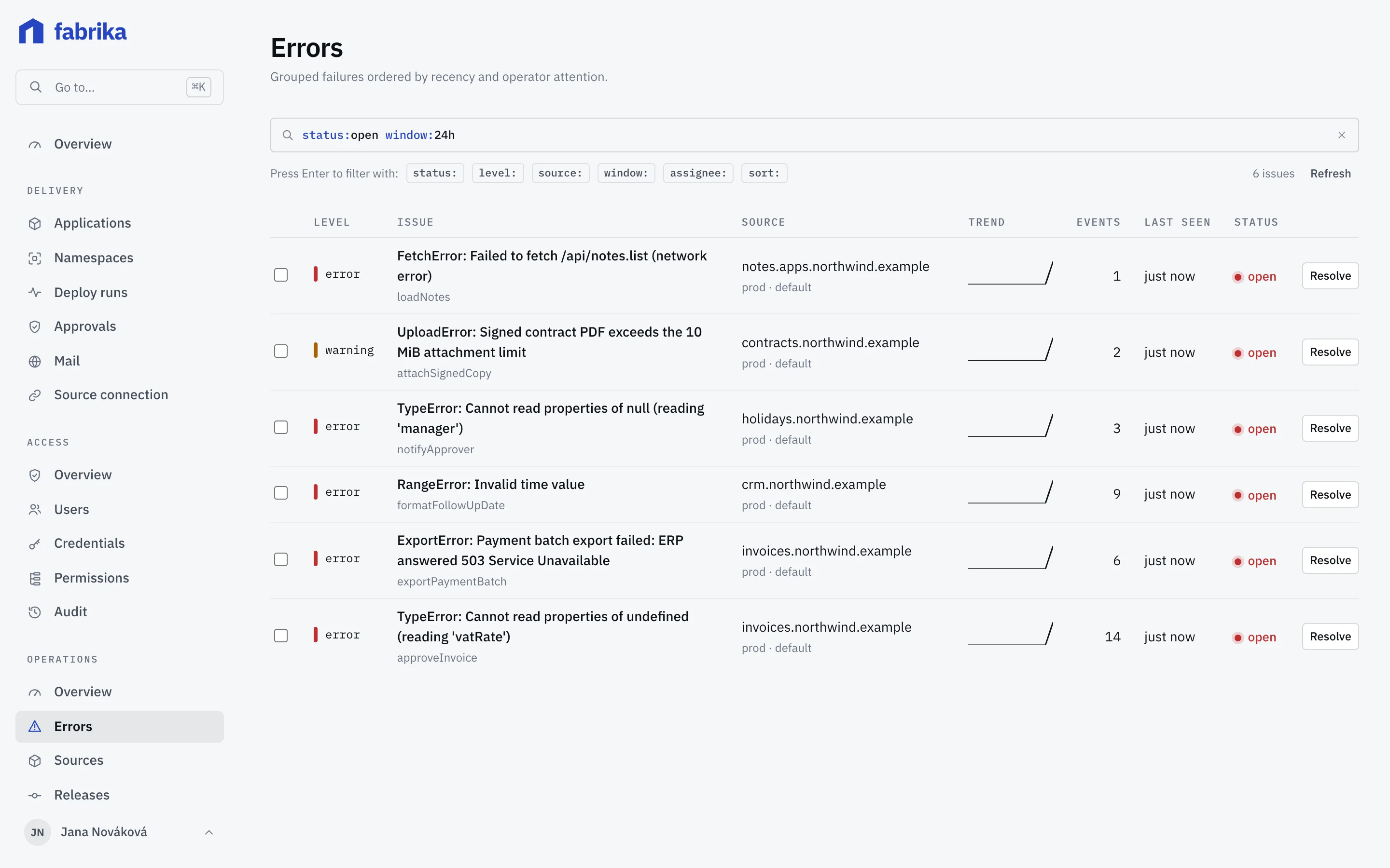 Fabrika console: a list of errors grouped by type, with how often each one has occurred over the last day.