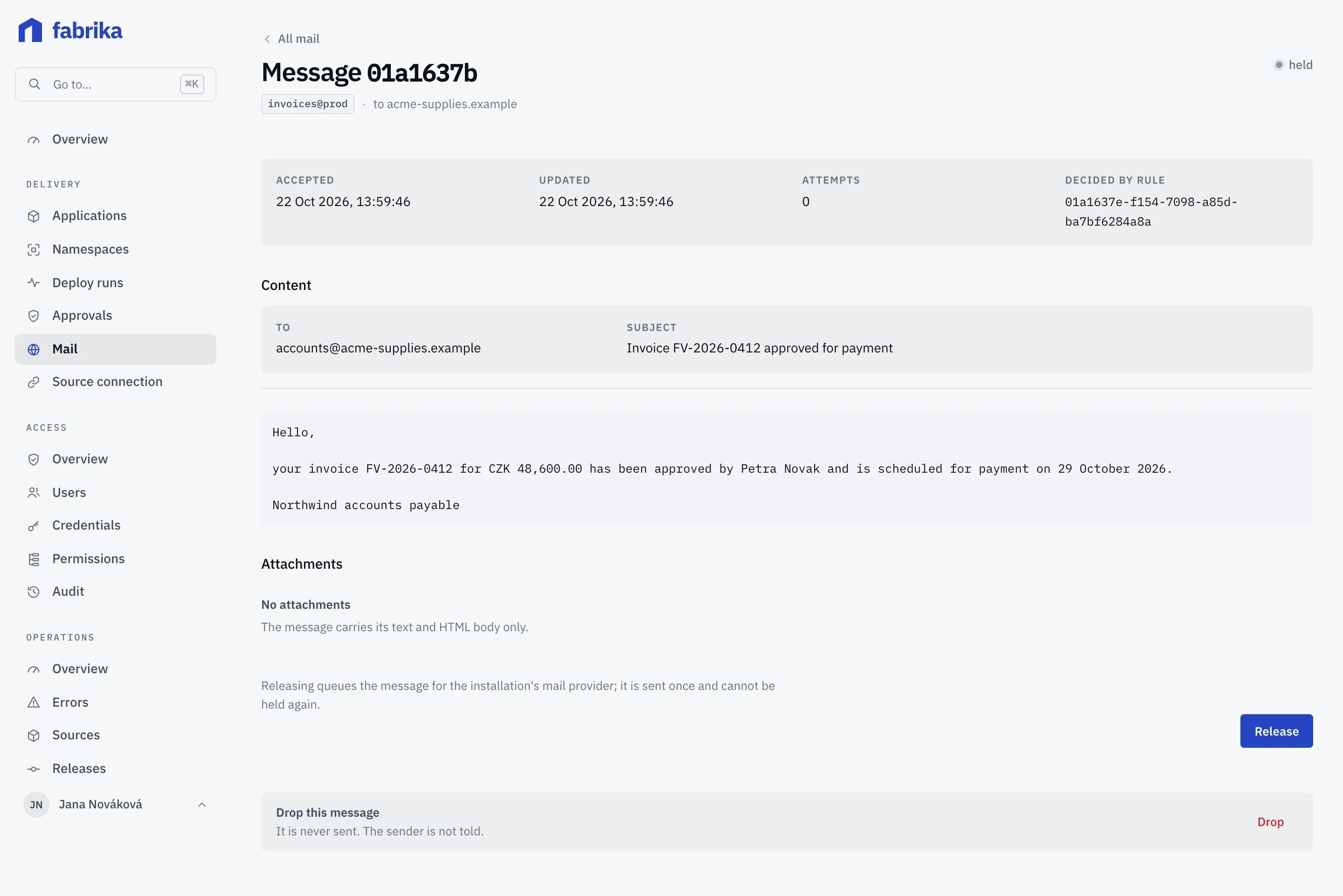 Mail detail in the console with Release and Drop buttons