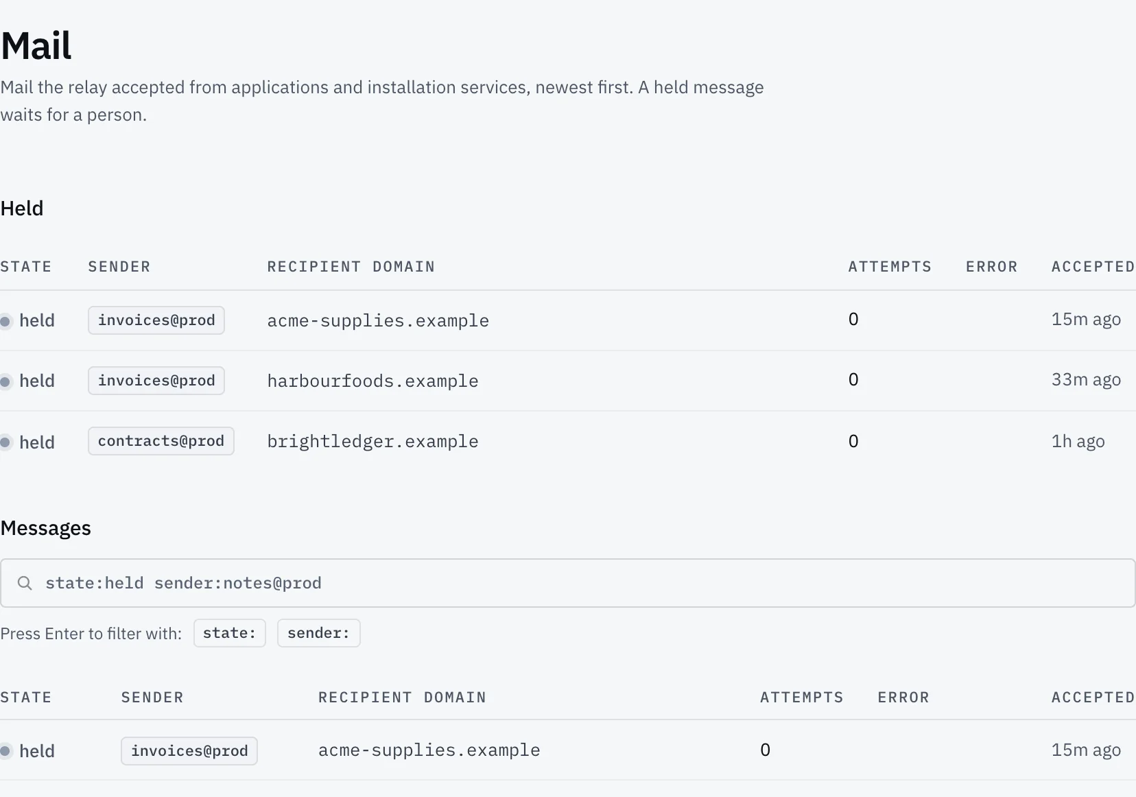 Fabrika console: a list of e-mails sent by apps, with held messages at the top waiting to be released or dropped.
