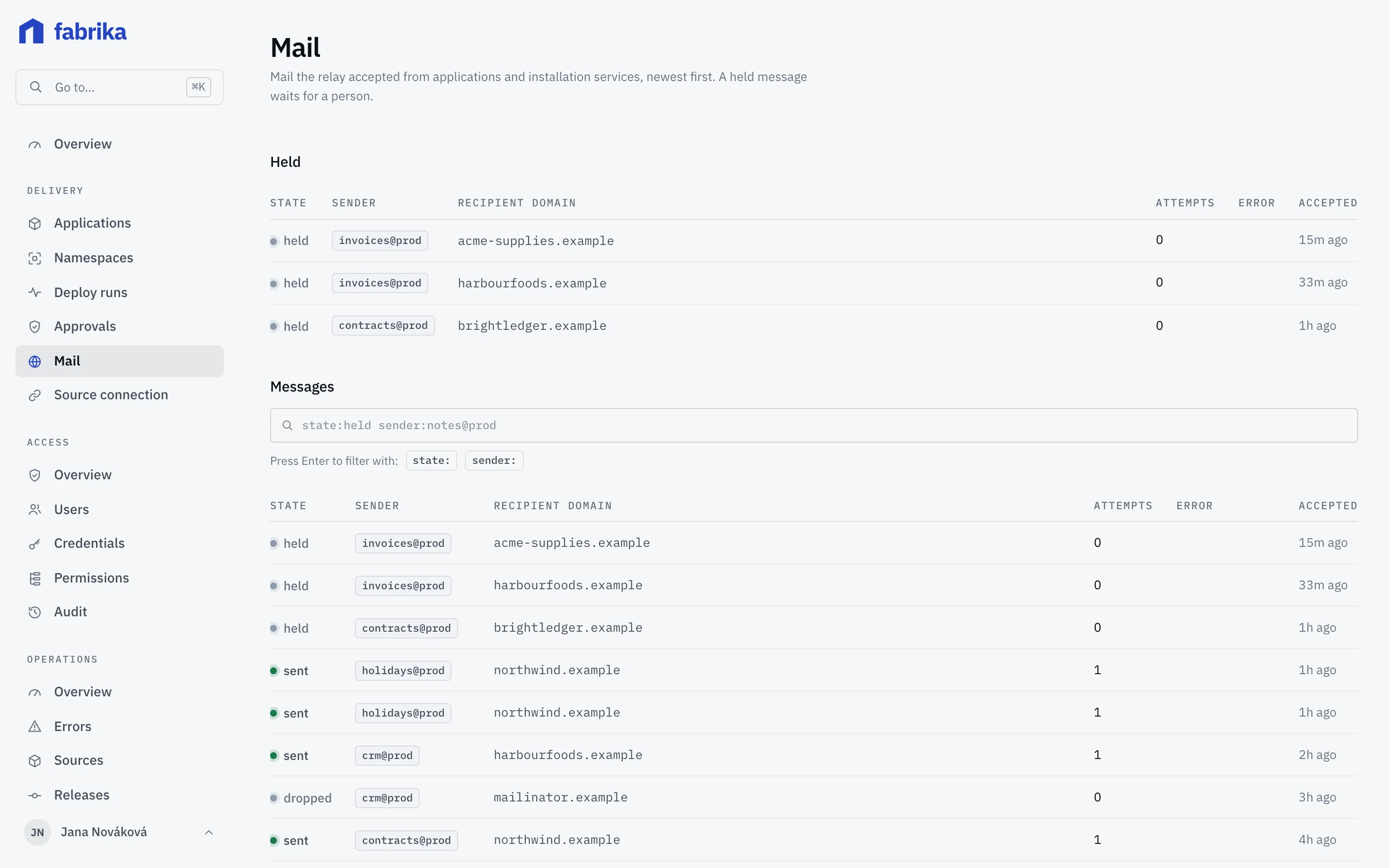 Fabrika console: a list of e-mails sent by apps, with held messages at the top waiting to be released or dropped.