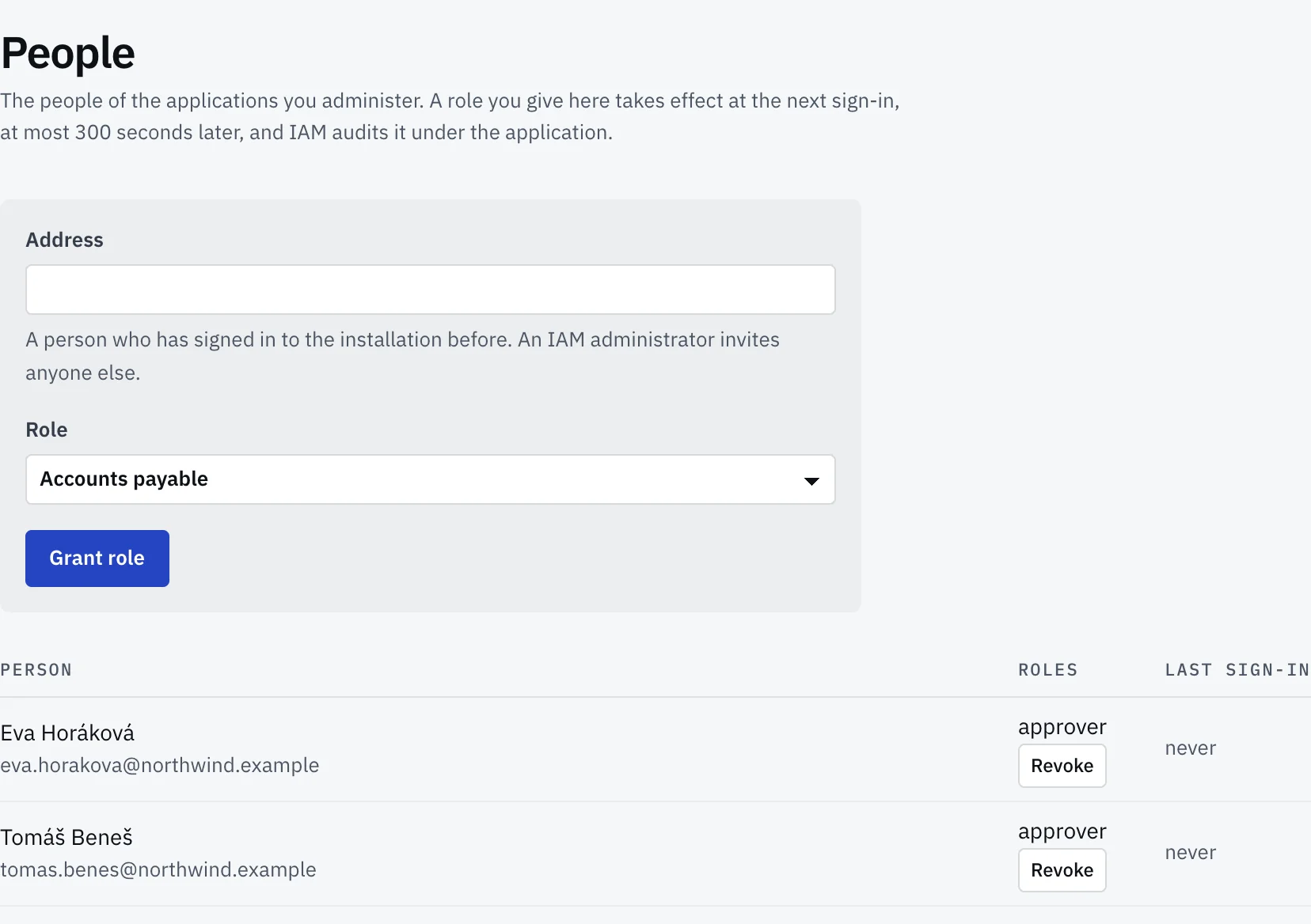 Fabrika console: the people page of one app, listing who has which role, where the person in charge of the app grants roles.