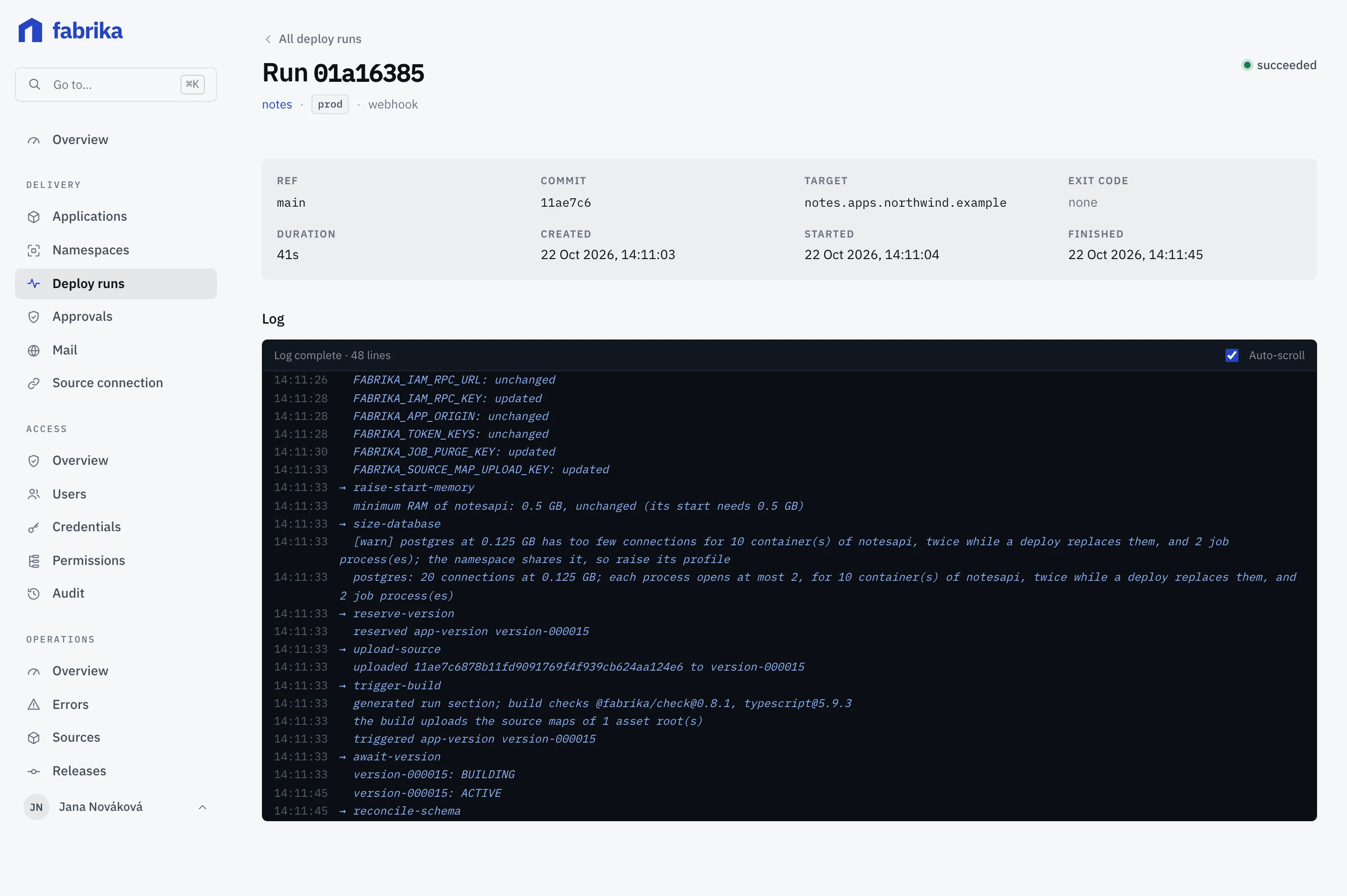 Deploy run detail with the step log