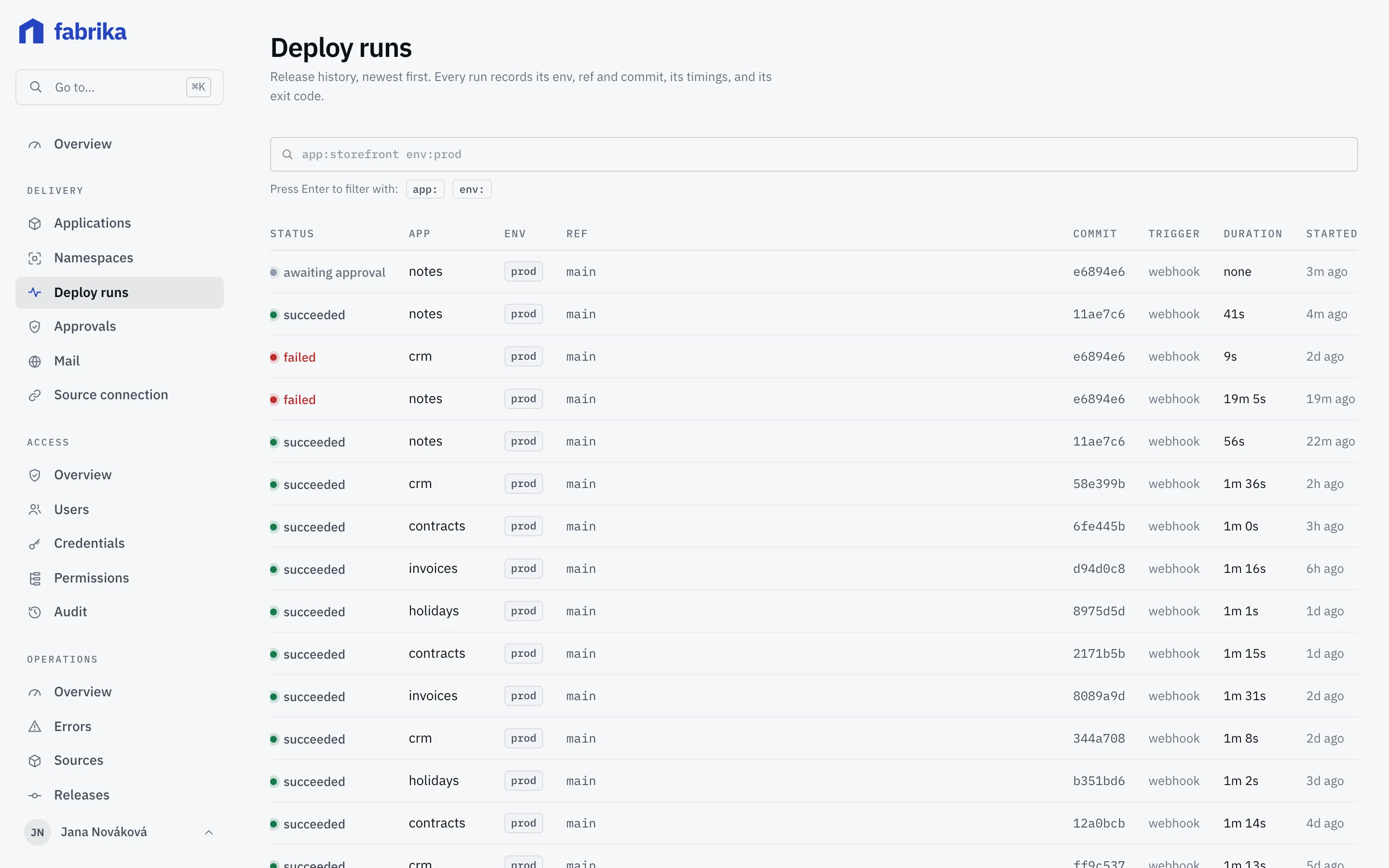 List of deploy runs in the console with status, actor and commit